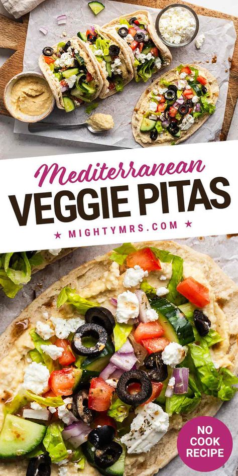 This no-cook, vegetarian recipe is inspired by the Greek Veggie Pita Wrap served at one of my favorite local lunch spots. These falvorful sandwiches are so good and are actually full of healthy veggies and protein too. Easy to make at home with hummus, pitas, cucumberm lettuce, tomato, feta cheese, red onion, olives and Greek dressing. No cooking required. Ready in just 10 minutes! A tasty little lunch or dinner. Must try! Vegetarian Pita Recipes, No Meat Wraps, Pitta Bread Fillings Vegetarian, Greek Wrap Vegetarian, Vegetarian Pita Pockets, Veggie Pita Sandwich Recipes, Lunches With Hummus, Veggie Pita Pocket, Vegetarian Pita Sandwich