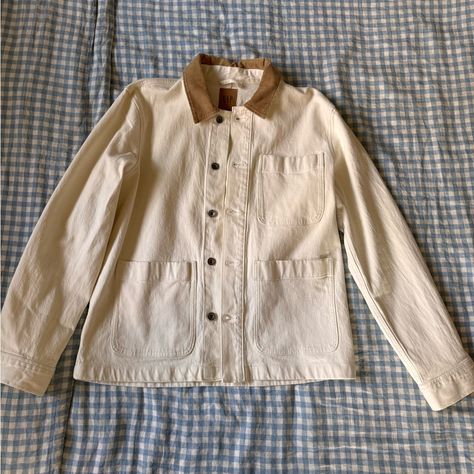 Gap White Denim Chore Jacket Tan Corduroy Collar Nwot Painters Jacket, Carhartt Jacket Women's, Building Wardrobe, Denim Chore Jacket, Thrift Wishlist, Light Denim Jacket, Barn Jacket, Classic Coastal, Military Jacket Green