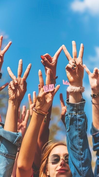 Under the expansive blue sky, a lively group of individuals come together in a display of unity and joy. Their raised hands, adorned with colorful wristbands, make peace signs, symbolizing harmony and positivity. The scene captures the essence of youthful enthusiasm and the collective spirit of a generation advocating for love and peace. The warm sunlight enhances the vividness of the moment, making it a perfect representation of friendship and hope during a joyous outdoor gathering. Peace Full Images, Peace Love Unity Respect Tattoo, Cultivating A Culture Of Peace Poster, Imagine All The People Living In Peace, Peace Movement, Raised Hands, Rain Music, Smiling People, Diverse People