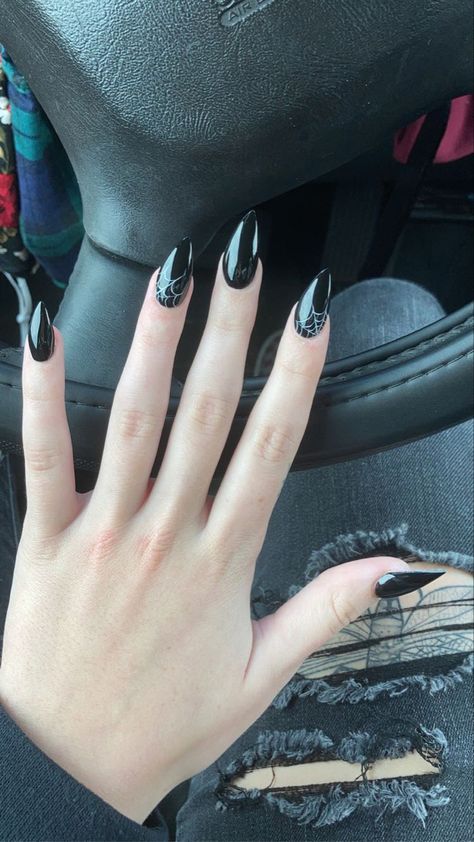 Black Spider Web Nails Acrylic, Goth Nails Spider Web, All Black Nails With Spider Web, Spider Web Black Nails, Black Acrylic Nails With Spider Web, Black Grunge Nails Acrylic, Halloween Nails Black With Spider Web, Black Almond Nails Spiderweb, Black Nails With Cobwebs