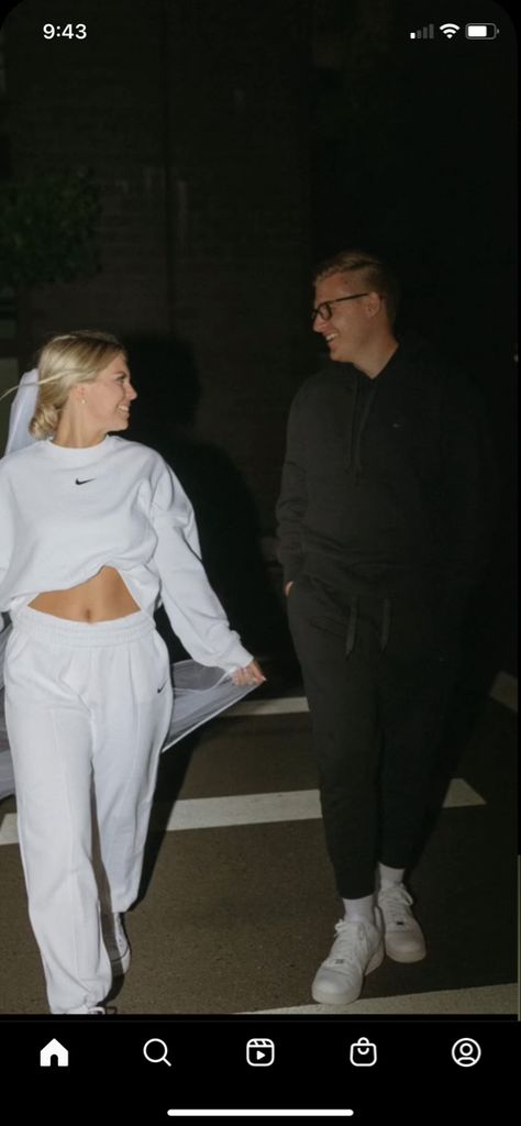 Bride And Groom Nike Sweats, Reception Exit Ideas Send Off, Bride Reception Outfit With Sneakers, Wedding Exit Outfit Ideas, Bride And Groom Send Off Ideas, Bride And Groom Sweat Suits, Bride And Groom Matching Outfits, Wedding Exit Outfit, Bride Reception Outfit