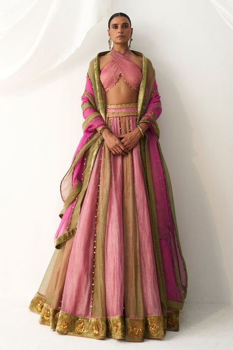 Shop for these amazing collections of Pink Tissue Embellished Colorblock Lehenga Set With Neck Blouse For Women by Itrh online at Aza Fashions. Olive Lehenga, Reka Bentuk Blaus, Indian Outfits Lehenga, Lehnga Dress, Pink Olive, Traditional Indian Outfits, Indian Dresses Traditional, Indian Bridal Outfits, Designer Party Wear Dresses