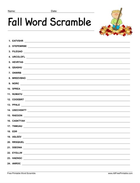 Fall Word Scramble Fall Word Scramble, Word Scramble For Kids, Fall Word Search, Fall Scavenger Hunt, Children Church, Thanksgiving Words, Fall Words, Fall Games, Classroom Activity