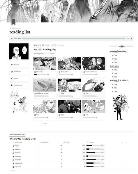 free notion templates Manga Tracker Notion, Notion Anime Tracker, Carrd Inspo Manga, Notion Aesthetic Black And White, Notion Anime List, Black And White Notion Template, Notion Manga Template, Music Notion Template, Notion Black And White