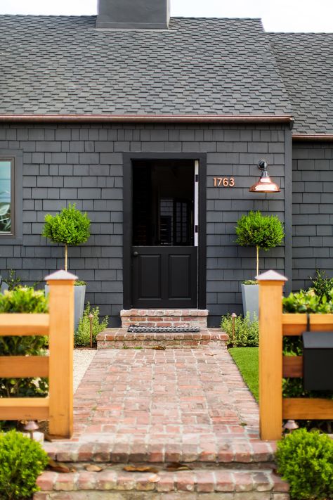 Design by  Raili CA Design  | Photo by  Ryan Garvin  | Wrought Iron by Benjamin Moore Black Exteriors, Benjamin Moore Wrought Iron, Black Houses, Shake Siding, Black Paint Color, Brick Walkway, Gray House, Dark House, Paint Color Inspiration