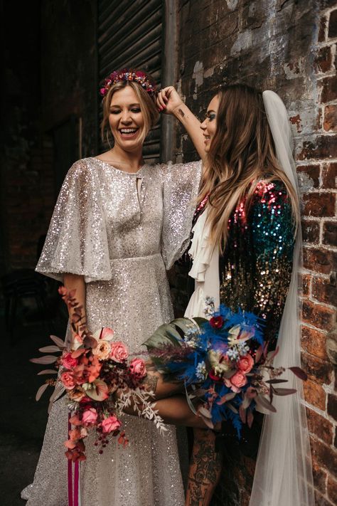 Wedding Dresses Eclectic, Silver Sequin Wedding Dress, Short Pink Wedding Dress, Sequin Wedding Dress Short, Crazy Wedding Dresses, Maximalist Wedding Dress, Atum Outfits, Queer Wedding Outfit, Funky Wedding Dress