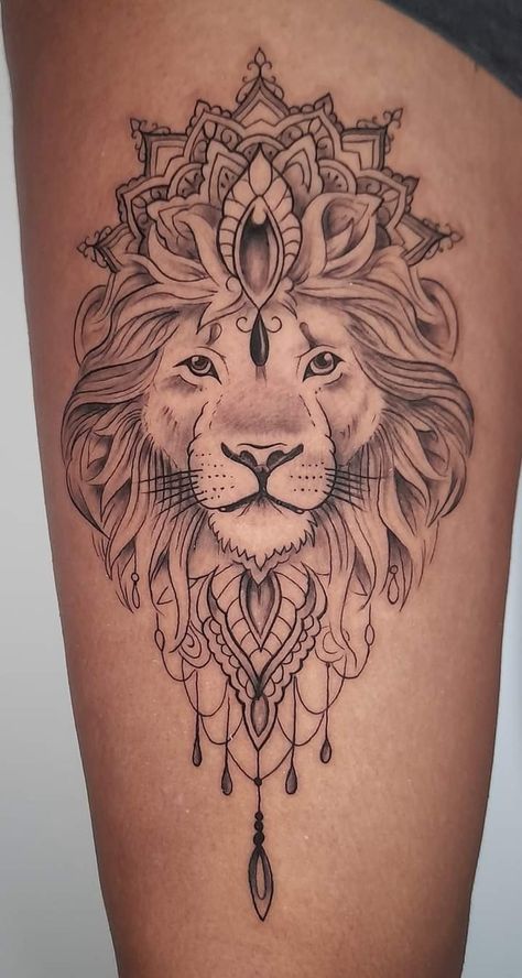 Lion Mehndi Design, Lion Mandala Tattoo For Women, Tatoos Woman Chest, Lion Mandala Tattoo, Upper Chest Tattoo Female, Mandala Lion Tattoo, Lion Tattoo With Flowers, Lion Leg Tattoo, Arm Tattoos For Women Forearm