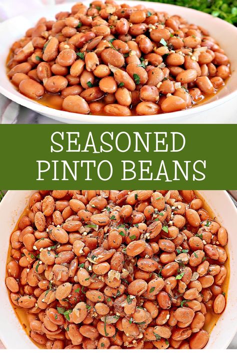 Seasoned Pinto Beans ~ Transform canned pinto beans into a delicious side dish with a savory blend of herbs and spices. via @thiswifecooks Easy Pinto Beans Stove Top, Pinto Bean Side Dish, Spicy Pinto Bean Recipes, Pinto Beans Mexican Style, Beans As A Side Dish, Vegetarian Pinto Beans, Spanish Pinto Bean Recipes, Taco Beans Recipe, Pinto Bean Seasoning Recipes