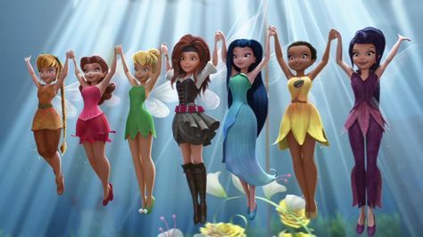 Fawn, Rosetta, Tinker Bell, Zarina, Silvermist, Iridessa and Vidia Disney Fairies Costumes, Tinkerbell Characters, The Pirate Fairy, Disney Faries, Tinkerbell Wallpaper, Tinkerbell Movies, Disney Fairies Pixie Hollow, Lindo Disney, Kostuum Halloween