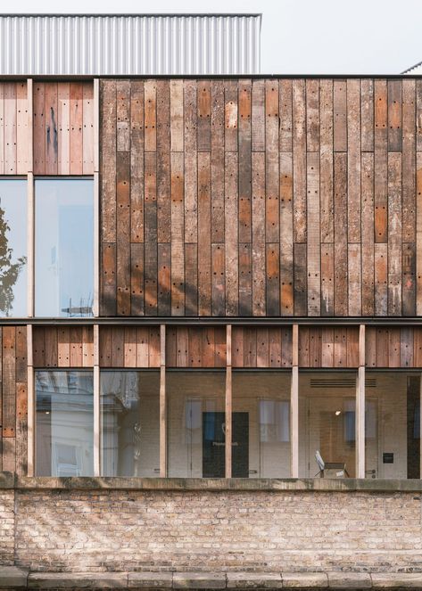 Roundhouse Works is a creative centre for young people in London. Railway Sleepers, Wooden Facade, Timber Architecture, Metal Cladding, Pottery Houses, Boundary Walls, Steel Canopy, Timber Structure, Timber Cladding