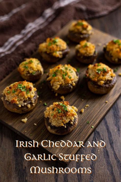 Irish Party Food, Garlic Stuffed Mushrooms, Irish Potato Bites, Irish Meals, Irish Cheese, Irish Appetizers, Irish Meal, Irish Cheddar, Potato Appetizers