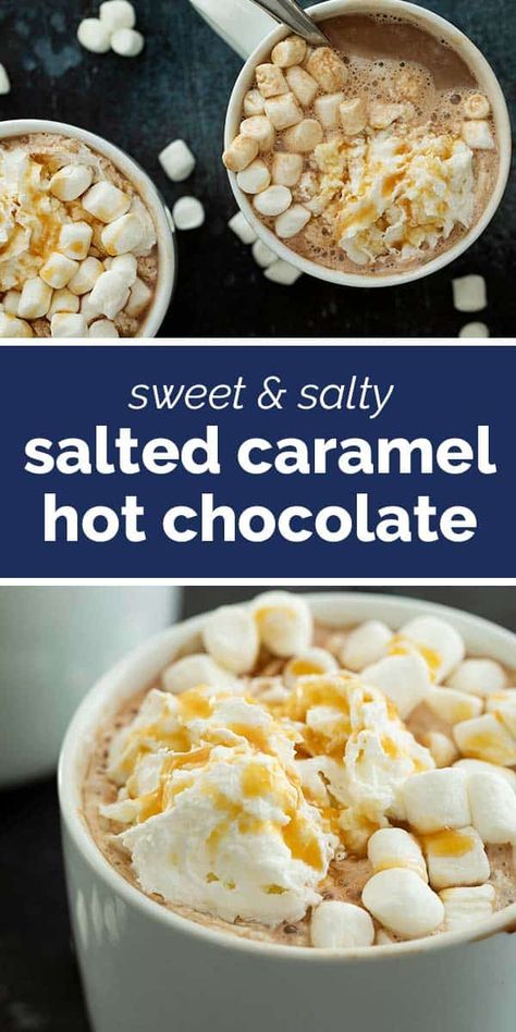 Caramel Hot Chocolate, Hot Chocolate Mix Recipe, Gourmet Hot Chocolate, Salted Caramel Hot Chocolate, Homemade Snickers, Christmas Recipes Appetizers, Breakfast Recipes Sweet, Hot Chocolate Recipe, Easy No Bake Desserts