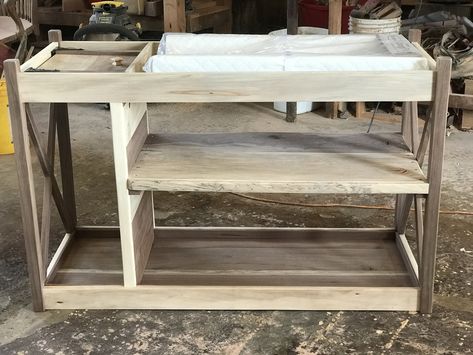 Walnut / sycamore nursery changing table with trash can holder. #wood #walnut #sycamore #woodworking #nursery #allnatural #godisgood Nursery Changing Table, Pallet Boards, Can Holder, Can Holders, Baby Walker, Diy Pallet, Pallet Wood, Diy Pallet Furniture, Nursery Ideas