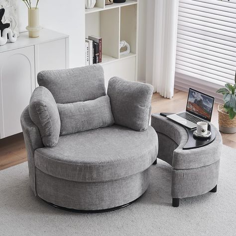 DEKKETO Swivel Cuddle Sofa Chair With Footstool Set, Chenille Single Tub Chair With Four Pillow, Snuggle Barrel Chair With Thick Cushion For Adults, Accent Round Armchairs For Living Room, Light Grey Pillow Snuggle, Ottoman Coffee Table Decor, Circular Chair, Cuddle Sofa, Library Rooms, Home Library Rooms, Cuddle Chair, Snuggle Chairs, Living Room Light