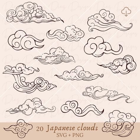 Swirly Clouds Drawing, Japanese Cloud Painting, Japanese Cloud Design, Japanese Clouds Design, Manga Clouds, Japanese Cloud Art, Sky Drawing Clouds, Japanese Style Clouds, Paper Cut Out Design