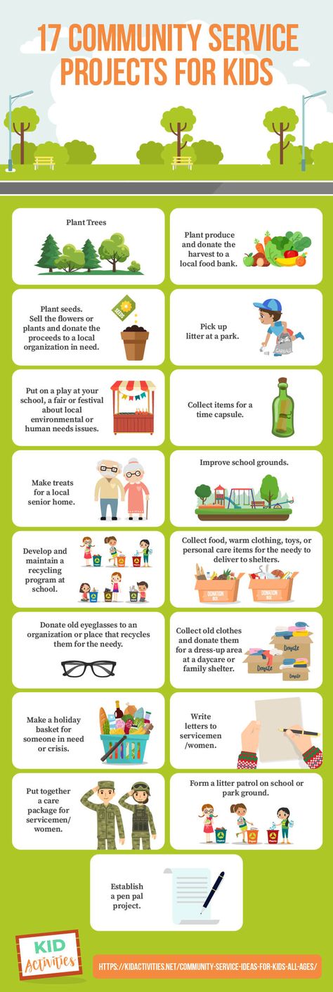 An infographic with 17 community service project ideas for kids. To see a total of 37 service projects for kids, visit the site. #CommunityService #ServiceProjects #KidsActivities #Volunteer Helping Community Project Ideas, Community Ideas Activities, Community Project Ideas Student, How To Help Your Community Ideas, Community Ideas Service Projects, Community Give Back Ideas, Volunteer Ideas For Kids, Community Involvement Ideas, Civics Project Ideas