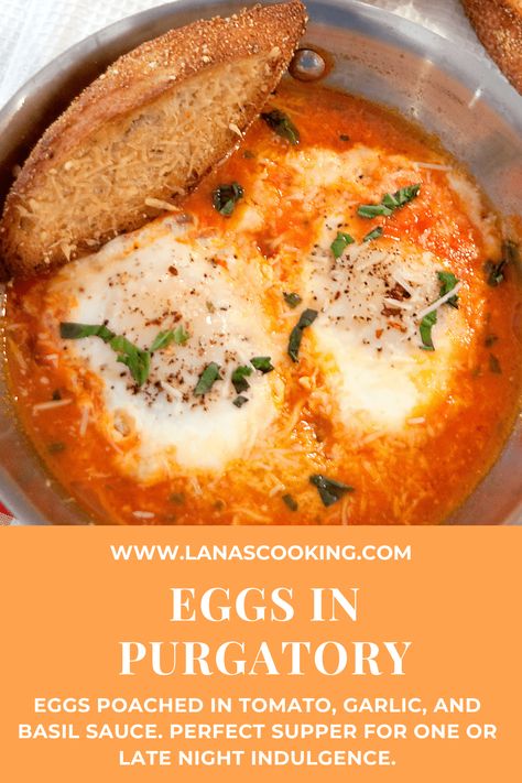 Eggs in Purgatory - Eggs poached in a quickly made tomato, garlic, and basil sauce. Perfect supper for one or late night indulgence. https://www.lanascooking.com/eggs-in-purgatory/ Italian Scrambled Eggs, Poached Egg Dishes, New Orleans Breakfast Recipes, Purgatory Eggs, Supper For One, Braised Eggs, Eggs In Purgatory Recipe, Eggs Poached, Eggs In Purgatory