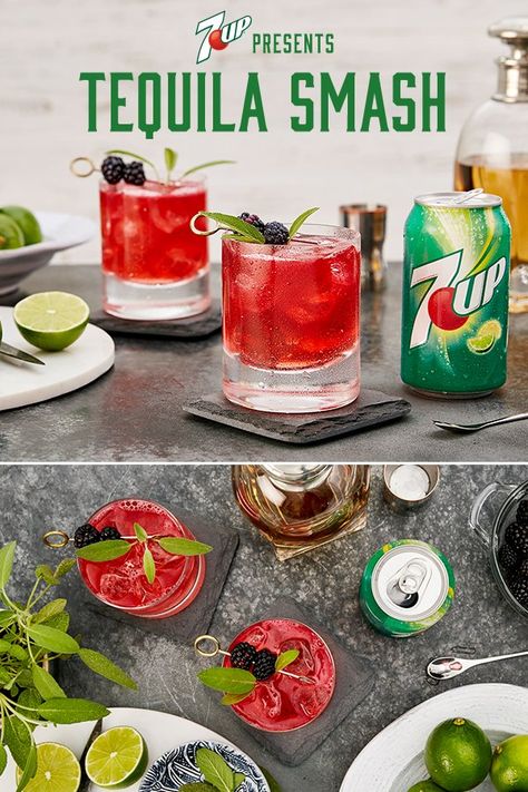 Please everyone with a delicious Tequila Smash made with 7UP®. Mix freely, drink responsibly. Tequila Smash, Drinks Made With Tequila, Tequila Punch, Backyard Party Food, Classic Tequila Cocktails, Fireball Recipes, Tequila Mixed Drinks, Cocktail Drinks Alcoholic, Mixed Drinks Alcohol