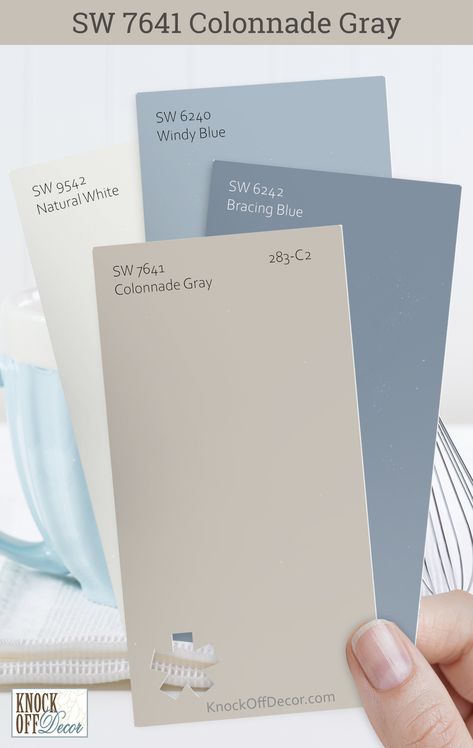 I've found Colonnade Gray to be a reliable partner in design, anchoring spaces with its solid grace. Here, we have SW Bracing Blue, Windy Blue, and Natural white as the trim. The palettes I've paired with it are in my full review, ready to inspire your next project! Greige Paint With Blue Undertones, Dusty Blue Accent Colors, Light Blue Pallet Colour Schemes, Grey Blue Brown Color Scheme Master Bedrooms, Blue And Off White Color Palette, Outer House Paint Exterior Colors Indian, Home Decor Color Palettes Blue, Two Tone Blue Room, Blue Gray Living Room Ideas