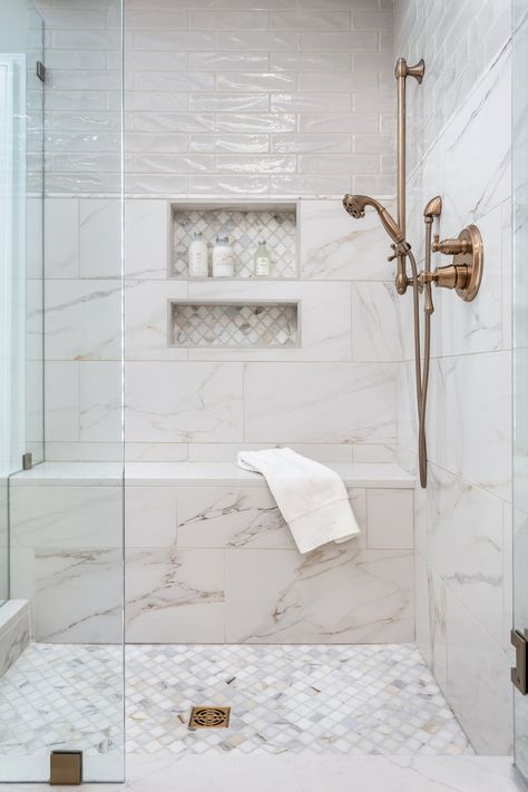 Greer Bath Remodel — Interior Designer Greenville SC | Allison Smith Interiors Tile For Shower Walls, Master Shower Tile, Full Bathroom Remodel, Bathroom Shower Walls, Bathroom Gallery, Bathroom Redesign, Shower Walls, Master Bath Remodel, Shower Niche