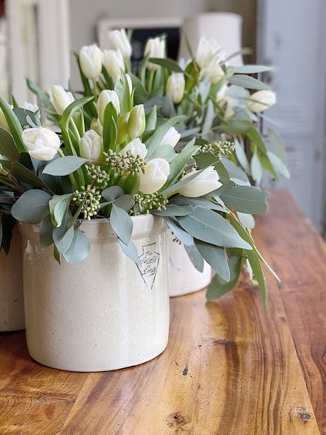 Vintage Crocks, Vintage Crock, Spring Floral Arrangements, Diy Arrangements, I Am So Happy, Spring Easter Decor, Container Flowers, Deco Floral, Spring Home Decor