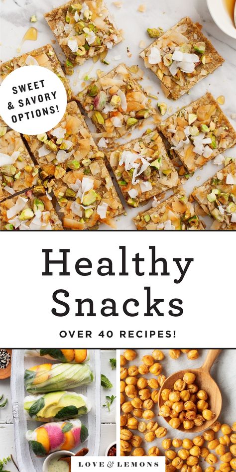 These 47 healthy snacks are perfect for work, school, or anytime you're on the go! With healthy snack ideas that are gluten-free, vegan, protein-packed, and more, you're sure to find something you love. | Love and Lemons #healthysnacks #snacks #mealprep #glutenfree #healthyrecipes Homemade Granola Bars, Homemade Bagels, Best Healthy Snacks, Good Healthy Snacks, Healthy Snacks Easy, Banana Healthy, Lemon Recipes, Lunch Snacks, Love And Lemons