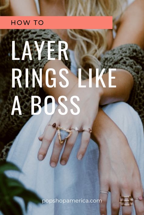 how to layer rings jewelry idea pop shop america Multiple Rings On Hand How To Wear, How To Layer Rings, How To Layer Jewelry, Layer Rings, Different Rings, Stacking Jewelry, America Fashion, Club Fashion, Jewelry Styling