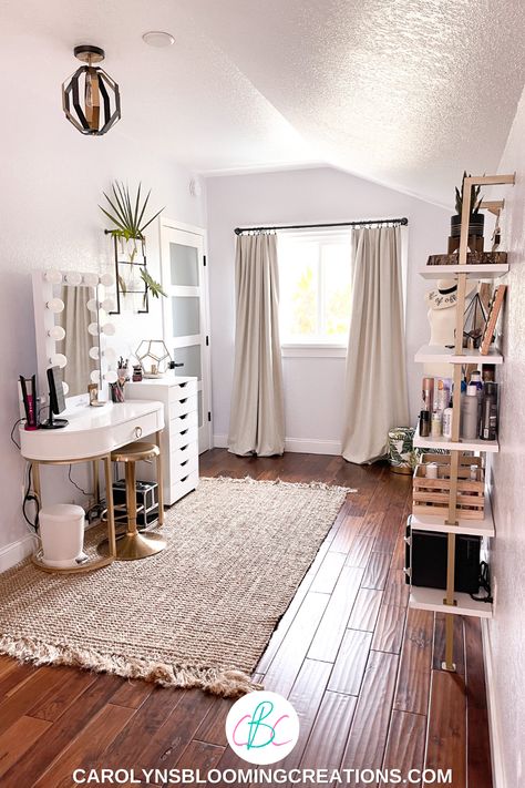 Home Office And Getting Ready Room, Office / Vanity Room, Spare Bedroom Vanity Room, Makeup Getting Ready Room, Spare Bedroom Get Ready Room, Bathroom Get Ready Area, Boho Beauty Room Ideas, Closet Getting Ready Room, Small Get Ready Room