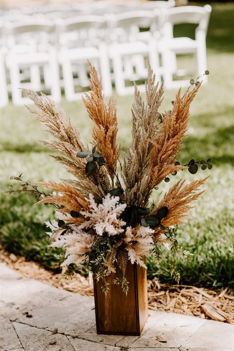 Wedding Centerpieces Boho Rustic, Outdoor Ceremony Decorations Fall, Whiskey Barrel Arrangements, Boho Wedding Ceremony Seating, Fall Boho Wedding Aisle Decor, Boho Wedding Cross Decor, Cattail Wedding Decor, Intimate Country Wedding, Outdoor Wedding Ceremony Decorations Diy