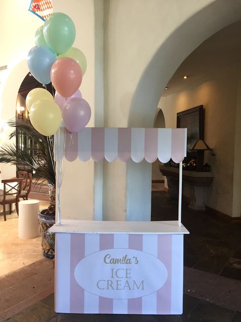 Stand Bazar Ideas School, Diy Ice Cream Stand, Candy Booth, Ice Cream Birthday Party Theme, Stall Decorations, Combined Birthday Parties, Gender Reveal Baby Shower Themes, Ice Cream Stand, Mickey Birthday Party