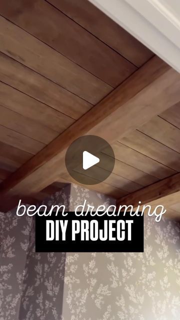 Steph Kelly | Home Design on Instagram: "BEAM DREAMS ✨  🎥@comestayawhile  👉DIY project ceiling beam project!  It totally elevated this space and added so much warmth and character. What do you think?!  📚FAQS: Stain color: 2 coats early American, 2 coats weathered oak Ceiling planks: 1/4in sande plywood ripped into 5in strips Beam size: 4.5in tall x 5.5in wide Bathroom size: 7.5ft x 5ft  #diyhomeprojects #fauxbeams #ceilingbeam #homeimprovementprojects #interiordesign" Bathroom Beams Ceiling, Dark Ceiling With Wood Beams, Planked Ceiling Bedroom, Styrofoam Faux Wood Beams, Wide Plank Wood Ceiling, Planked Ceiling With Beams, Diy Ceiling Beams Cheap, Pine Ceiling Stain Color, Wood Ceiling Dining Room