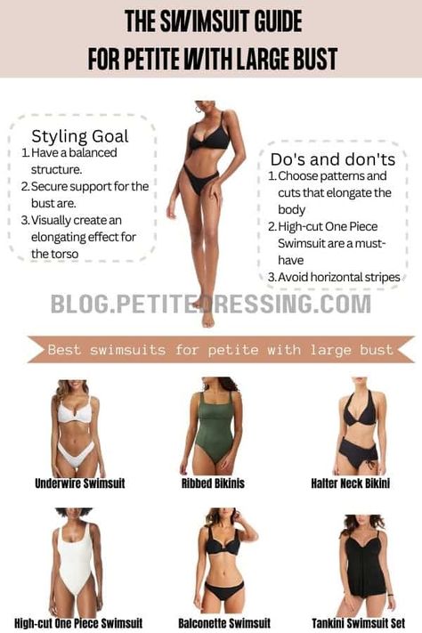 Minimize Big Bust Outfit, Swimsuits For Petite Women, Bathing Suits For Petite Women, Petite With Large Bust Outfits, Best Necklines For Large Bust, Swimsuit For Large Bust, Swimsuit For Big Busts Bikinis, Bikinis For Big Bust, Petite Big Bust Outfits