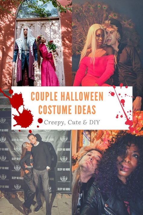 If you are still looking for couple Halloween costume ideas, this post is for you. Over the years, we’ve tried everything from creepy ghosts & bloodthirsty vampires to Hitchcock-inspired outfits and royalty. Some of our Halloween looks came from Halloween stores, but most of them were DIY. So if you are looking to match with your partner this Halloween, read on to see 4 Couple Halloween Costume Ideas to try this year | #Halloween #CoupleHalloweenCostumes #CoupleCostumes | opalbyopal.com Vampire And Victim Costume Couple, Creepy Halloween Couple Costumes, Couples Vampire Costumes Diy, Vampire Halloween Couple Costume, Couples Scary Costumes, Couple Halloween Costumes Vampire, Couples Scary Halloween Costume, Killer Couple Costumes, Vampire Couples Costumes