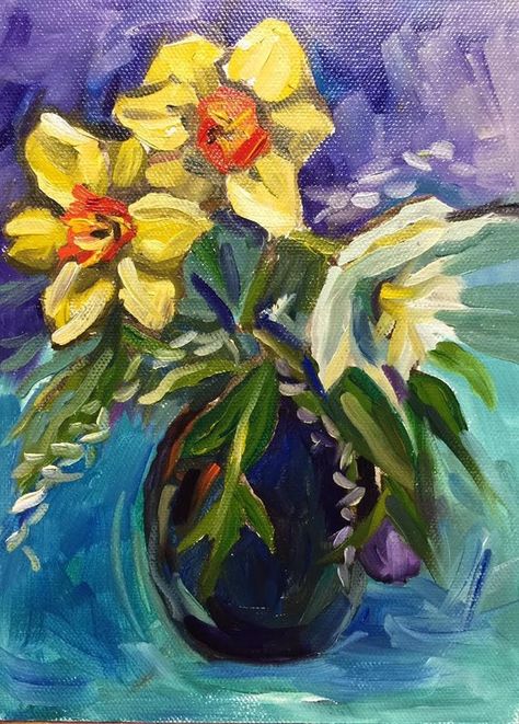 Painting Daffodils, Impressionist Still Life, Painting On Linen, Creek Art, Yellow Daffodils, Daffodil Flower, Painting Gallery, Impressionist Paintings, Blue Vase