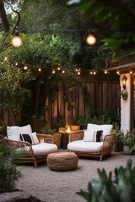 Cozy outdoor lounge area with string lights, two wicker chairs with cushions, and a round ottoman, surrounded by lush greenery. Cheap Patio Seating Ideas, Small Backyard Decorating Ideas On A Budget, Small Backyard Ideas Apartments, Chic Patio Ideas, Builder Grade Patio Makeover, Small Backyard No Grass Ideas, Easy Cheap Backyard Ideas, Mcm Patio Ideas, Small Patio Landscaping Ideas