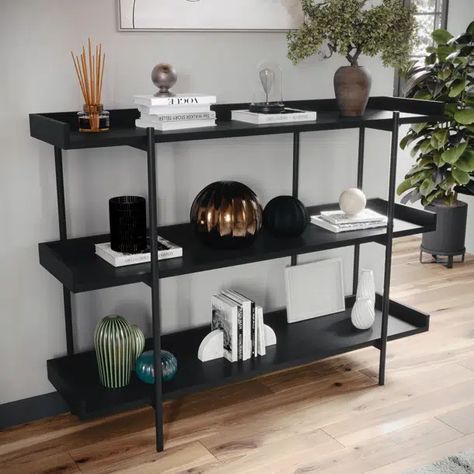 Martha Stewart Emmett 3 Shelf Storage Display Unit Bookcase with Metal Frame | Wayfair Minimalistic Apartment Aesthetic, Black Aesthetic Home Decor, Suite Decor, Decorative Bookshelves, Black Furniture Living Room, 3 Shelf Bookcase, Display Bookcase, Modern Workspace, Basement Gym