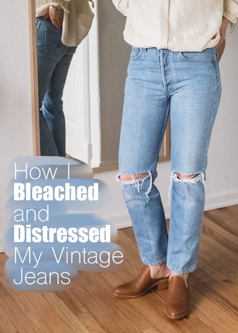 How I Bleached and Distressed My Vintage Jeans. They went from a 'little bland' to really good. 👌🏼 How To Lighten Blue Jeans, Diy Jean Distressing, How To Lighten Jeans Diy, How To Lighten Jeans, Bleaching Jeans Diy, Diy Bleached Jeans, How To Bleach Jeans Diy, Distressing Jeans Diy, How To Fade Jeans