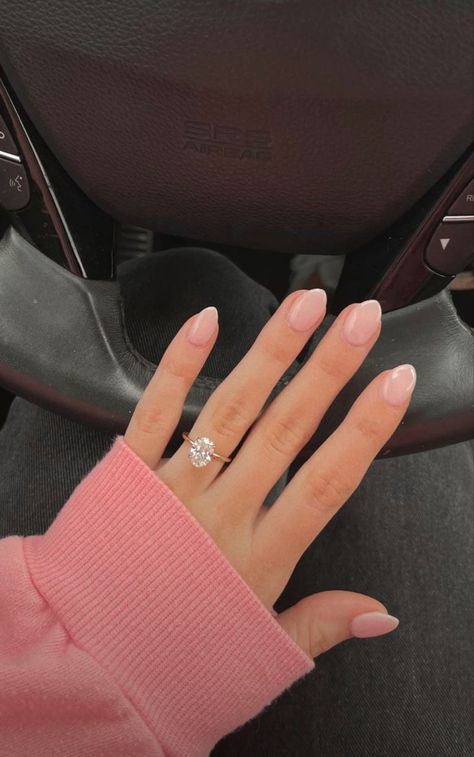 Dip Engagement Nails, Sophie Richie Nails, Light Blue Engagement Nails, Nail Color For Engagement Ring, Gel X Nails Short Almond, Dip On Real Nails, Fall Neutral Nails Almond Shape, Engagement Ring Short Fingers, Neutral Sns Nails