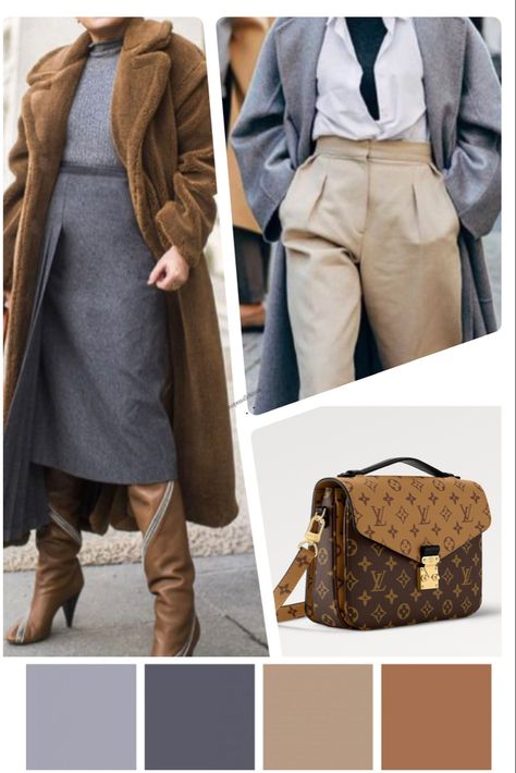 Color combination: Metis Reverse with camel and grey. Grey Matching Colors Outfit, Gray Color Combinations Outfit, Gray And Camel Outfit, Grey And Camel Outfit, Camel And Grey Outfit, Camel Color Palette, Pochette Metis Reverse, Camel Outfit, Autumn Palette