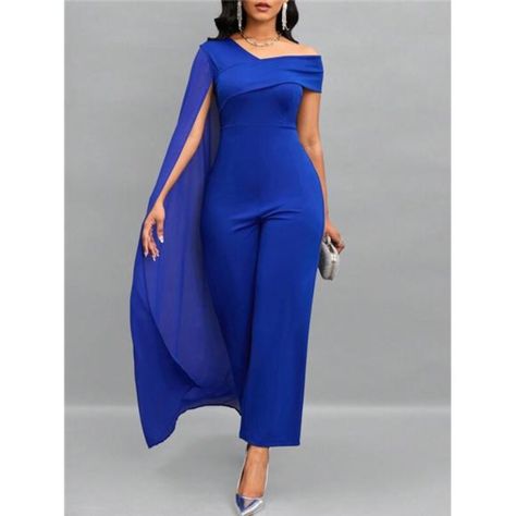 -Color: Blue -Style: Party -Pattern Type: Plain -Type: Wide Leg -Neckline: Asymmetrical Neck -Details: Contrast Mesh, Asymmetrical -Length: Long -Fit Type: Regular Fit -Sleeve Length: Short Sleeve -Waist Line: High Waist -Fabric: Slight Stretch -Material: Knitted Fabric -Composition: 95% Polyester, 5% Elastane -Care Instructions: Machine Wash Or Professional Dry Clean -Body: Unlined -Sheer: No Ships In 7-10 Days S = 2/4, M = 6/8 L=10/12 0x=12 1x=14 2x=16 3x=18 4x=20 Boho - Wedding - Chic - Glam - Modern - Vintage - Streetwear - Casual - Elegant - Trendy - Couture - Runway - Designer - Sustainable - Classic - Edgy - Minimalist - Preppy - Retro - Avant-Garde - High-Fashion - Urban - Sophisti Glam Modern, Polished Casual, Satin Romper, Black And White Romper, Formal Jumpsuit, Striped Pant, Blue Jumpsuit, Sequin Rompers, Lace Jumpsuit