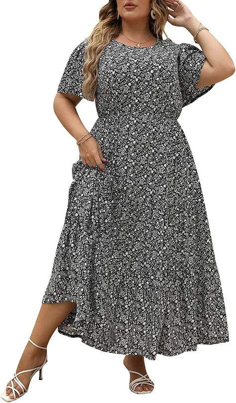 Nemidor Womens Plus Size Boho Ditsy Floral Print Casual Layered Flared Maxi Dress with Pocket NEM304 Dress For Plus Size Women, Plus Size Bohemian, Beach Party Dress, Plus Size Boho, Family Photoshoot Outfits, Boho Dresses Long, Flowy Design, Elegant Maxi Dress, Ditsy Floral Print