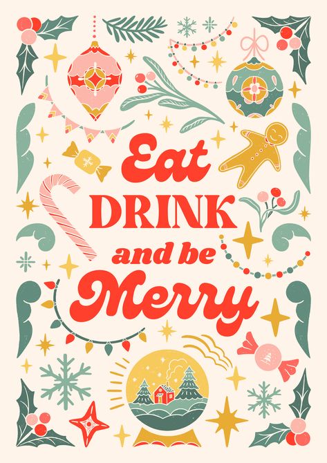 Retro Winter Illustration, Christmas Cookie Graphic, Holiday Design Inspiration, Retro Christmas Graphic Design, Winter Holiday Illustration, Xmas Poster Design Graphics, Christmas Drinks Illustration, Holiday Party Poster, Christmas Sweets Illustration