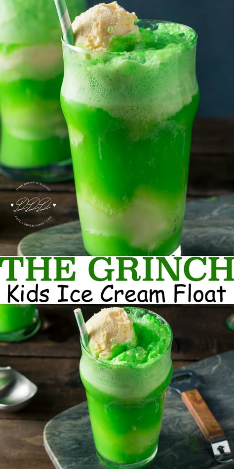 Float Drink Ideas, Ice Cream Christmas Decorations, Ice Cream Floats Ideas, Kids Drinks Recipes, Grinch Ice Cream, Float Drinks, Grinch Drinks, Grinch Recipes, Grinch Board