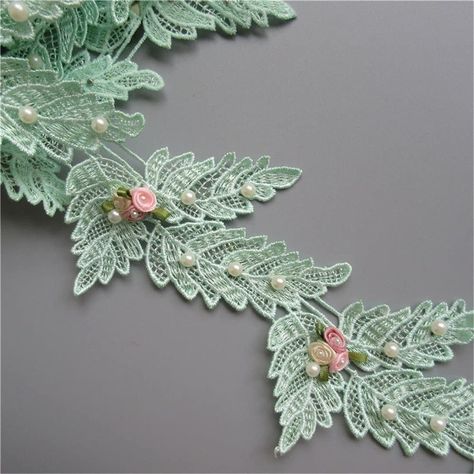 1 Yard Leaf Shape Flower Pearl Lace Edge Ribbon 7cm Width Green Trimmings Vintage Style Fabric Embroidered Applique Sewing Craft Wedding Bridal Dress Embellishment Party Decoration Clothes Embroidery: Amazon.co.uk: Kitchen & Home Bridal Ornaments, Embellishment Ideas, Clothes Embroidery, Applique Sewing, Wedding Bridal Dress, Student Christmas Gifts, Pearl Lace, Embellishment Diy, Fabric Embellishment