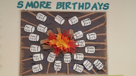 Summer smores preschool birthday bulletin board                                                                                                                                                      More Smores Bulletin Board Ideas, Camping Birthday Board Classroom, Teacher Birthday Board Ideas, Summer Birthday Bulletin Board Ideas, School Birthday Bulletin Board Ideas, Smores Bulletin Board, Smore Bulletin Board, March Birthday Bulletin Boards, Summer Birthday Bulletin Boards