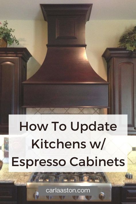 How To Update Kitchens With Espresso Cabinets and Furnishings -  See these amazing before and afters by clicking through! Kitchen With Dark Brown Cabinets, Dark Brown Kitchen Cabinets, Dark Brown Kitchen, Dark Bronze Metal, Dark Brown Cabinets Kitchen, Dark Wood Kitchen Cabinets, Espresso Kitchen Cabinets, Stained Kitchen Cabinets, Espresso Cabinets