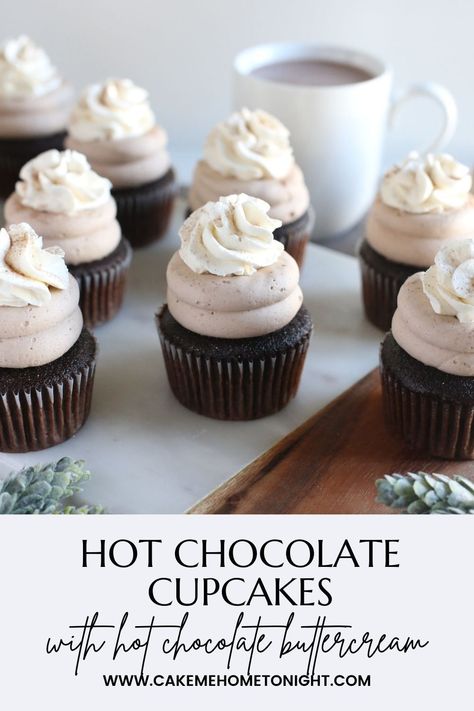 Hot Chocolate Cupcakes have all the flavor of hot chocolate in a cupcake form. Moist chocolate cupcakes swirled with hot chocolate buttercream frosting and vanilla whipped cream with a sprinkle of hot chocolate mix. Hot Cocoa Buttercream Frosting, Chocolate Bar Cupcakes, Hot Chocolate Buttercream Frosting, Gourmet Mini Cupcakes, Cupcake Recipes Winter, Lindt Truffle Cupcakes, Hot Coco Cupcake, Hot Cocoa Cupcakes With Marshmallow, Gourmet Christmas Cupcakes