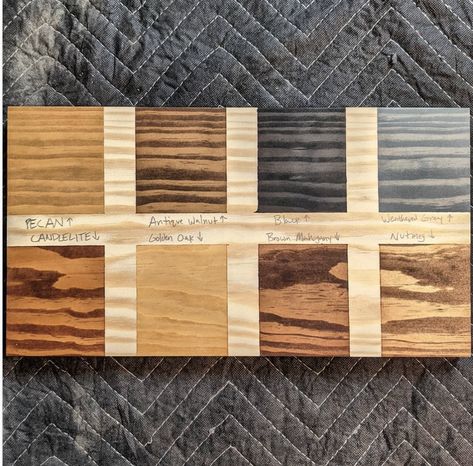 "I made this stain sample board. It has 8 different options for a client, and it's designed to give them a good idea of how the stain will look on their project. This piece of wood is cut from the same board that went towards the drawer fronts, so it should be a good representation of how the stain will take when applied to the final piece." General Finishes Gel Stain On Oak, Gel Wood Stain Colors, Gel Stains For Wood, Gel Stain Colors On Oak, Varathane Gel Stain Colors, Gel Stain On Pine, Minwax Gel Stain Colors, Gel Stain Over Honey Oak, Grey Gel Stain Over Oak Cabinets