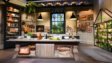 Cooking Show Set, Kitchen Set Design, Drew Barrymore Show, Yellow Paint Colors, Host Chairs, Tv Set Design, Tv In Kitchen, Dream House Design, Tv Studio