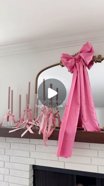 Deborah Trette on Instagram: "how to make a fabric bow! so cute and easy for galentines day decor — I used 3 yards of fabric (cut in half) hot glued to make a long ribbon piece + tied as you would shoe laces! 🎀  save + share with your favorite 🫶🏻  #bowtrend #bowdecor #coquette #diybow #galentine #galentinesday #valentinesdecor #pinkaesthetic #homedecor #easycraft #diy #easydiy" Bow Pillow Diy, Bow Tie Party Decorations, Love Shack Fancy Ribbon, Diy Coquette Decor, How To Make A Giant Bow, Fancy Baby Shower, Bow Tie Party, Bow Garland, Fancy Ribbon